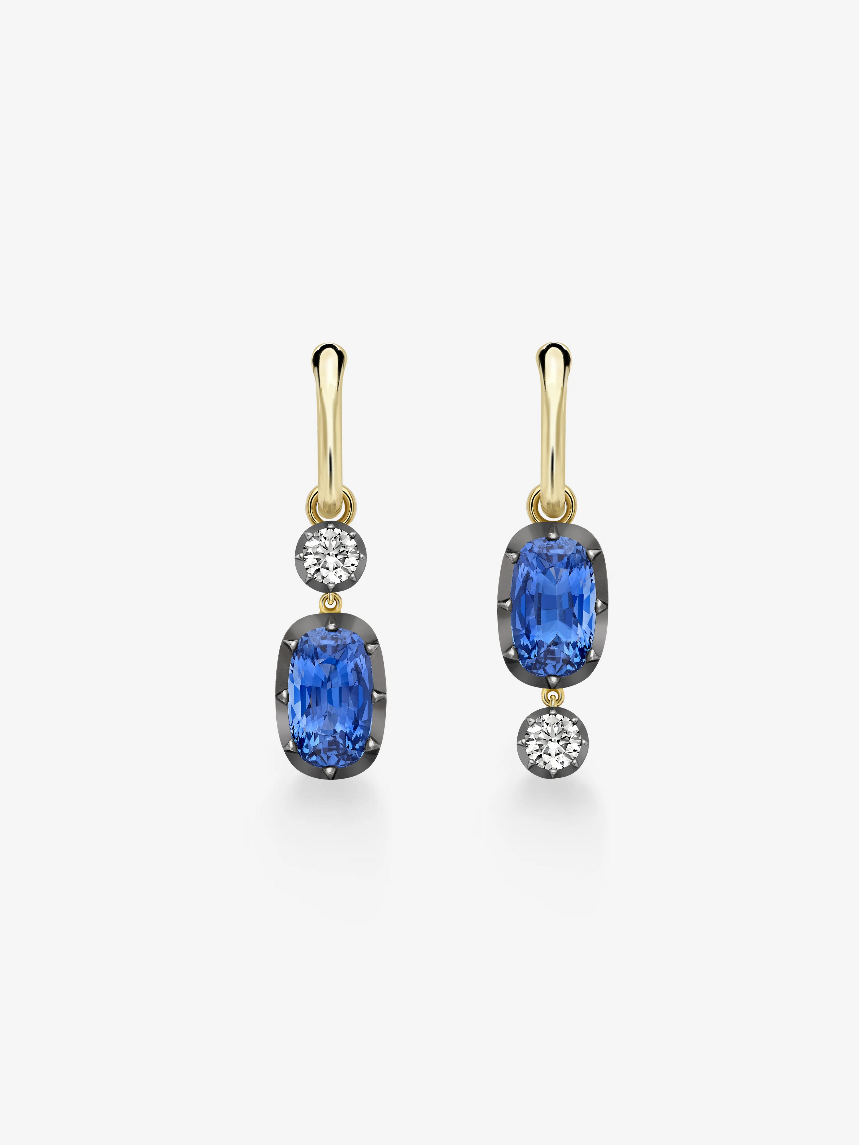 Asymmetric 3.30ct Cushion Sapphire & Diamond Hoop Earrings