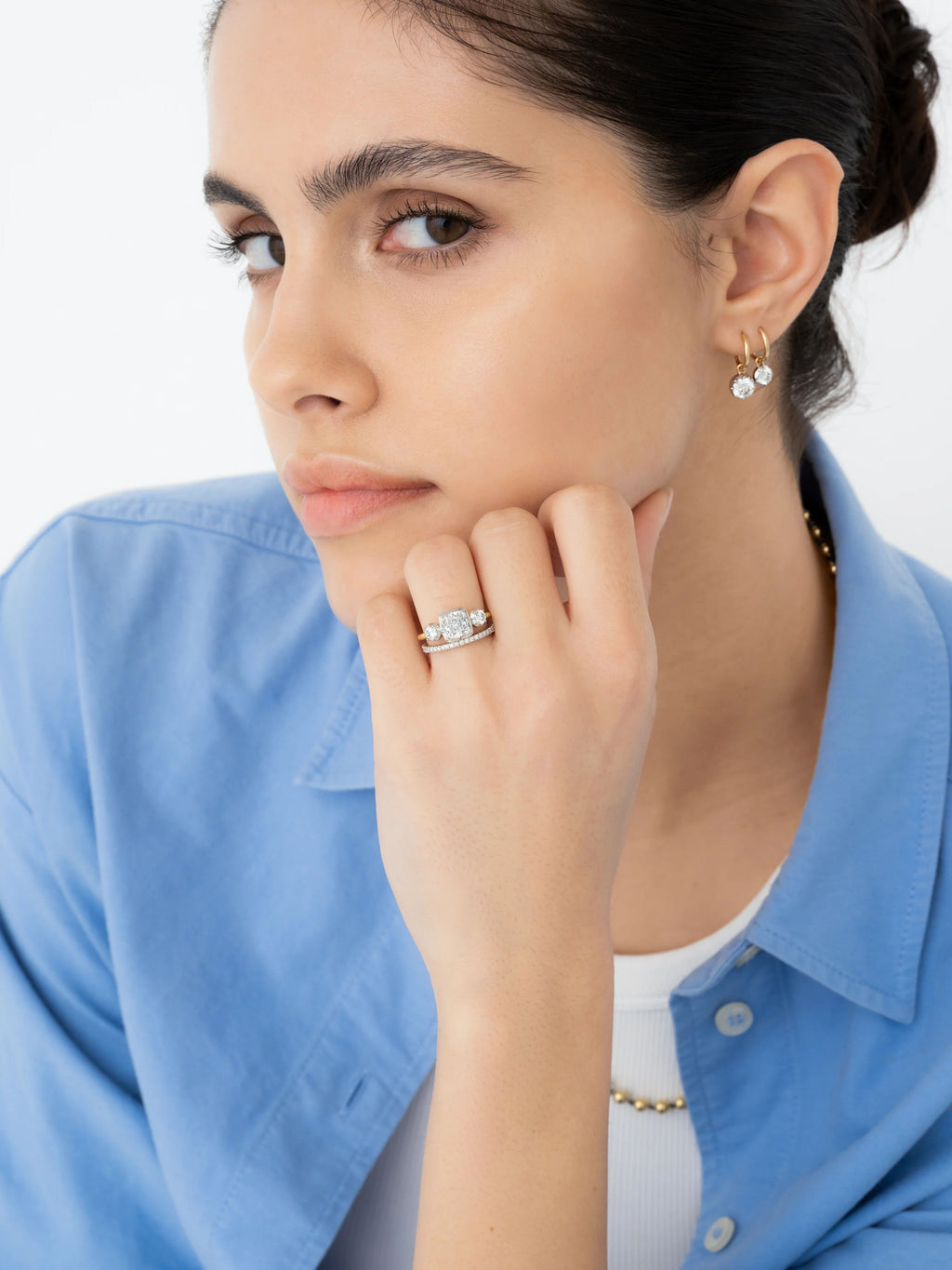 1.51ct Three Stone Cushion Diamond Button Back Ring